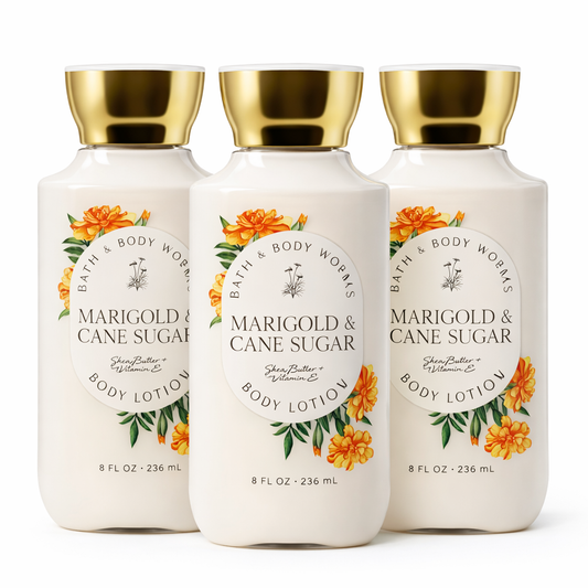 Bath & Body Works MARIGOLD & CANE SUGAR Body Lotion 3-Pack bundle 8 oz each with shea butter and vitamin E moisturizing body care collection