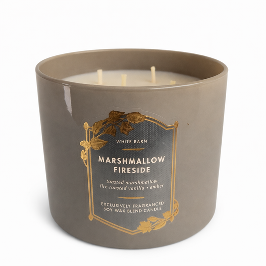 MARSHMALLOW FIRESIDE Bath & Body Works White Barn 3-Wick Candle 14.5 oz warm toasted marshmallow vanilla amber cozy scent brown jar white background My Wrinkles Gone
