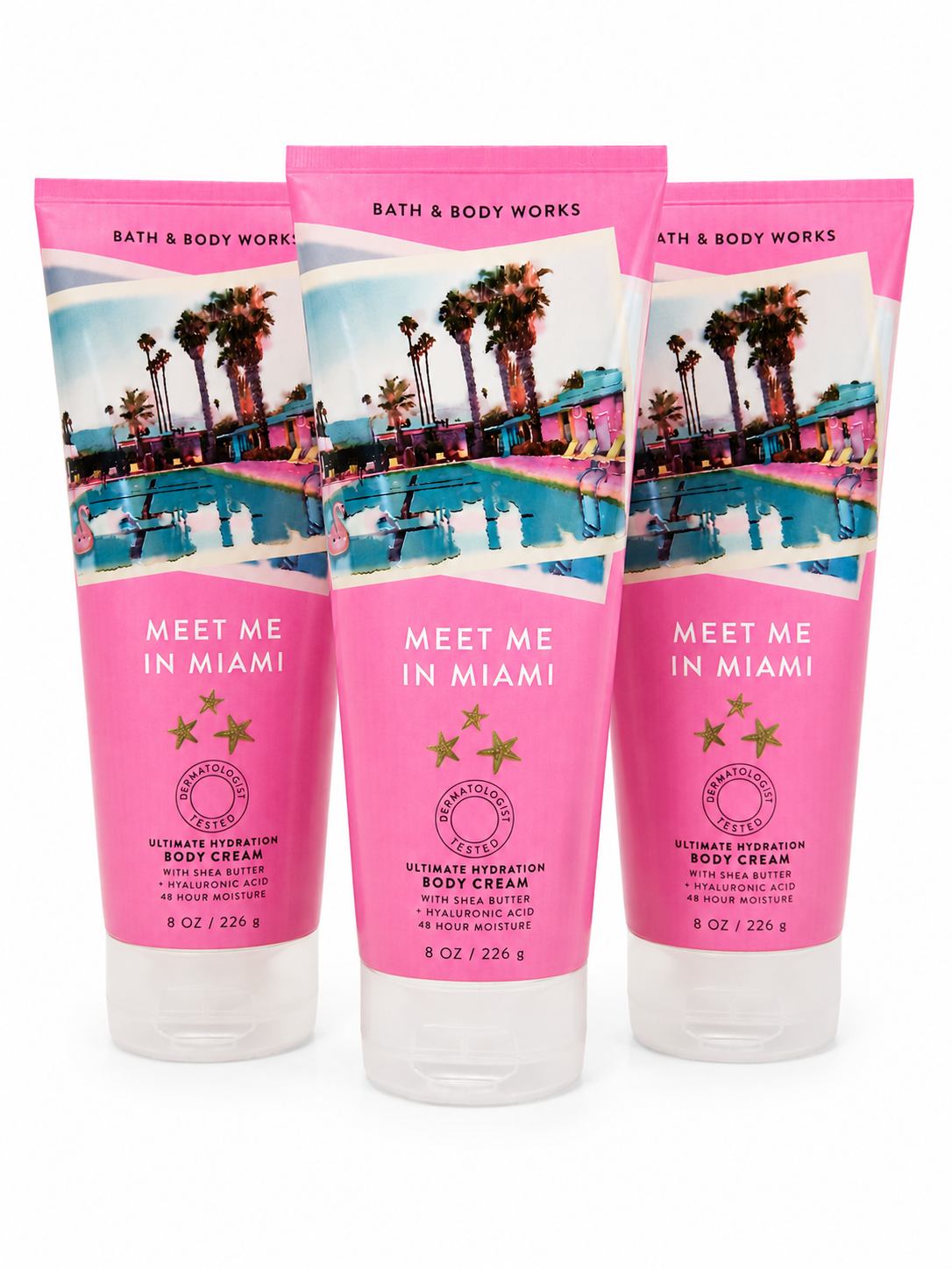 Bath & Body Works MEET ME IN MIAMI Ultimate Hydration Body Cream 3-Pack bundle 8 oz each with shea butter and hyaluronic acid tropical beach inspired fragrance