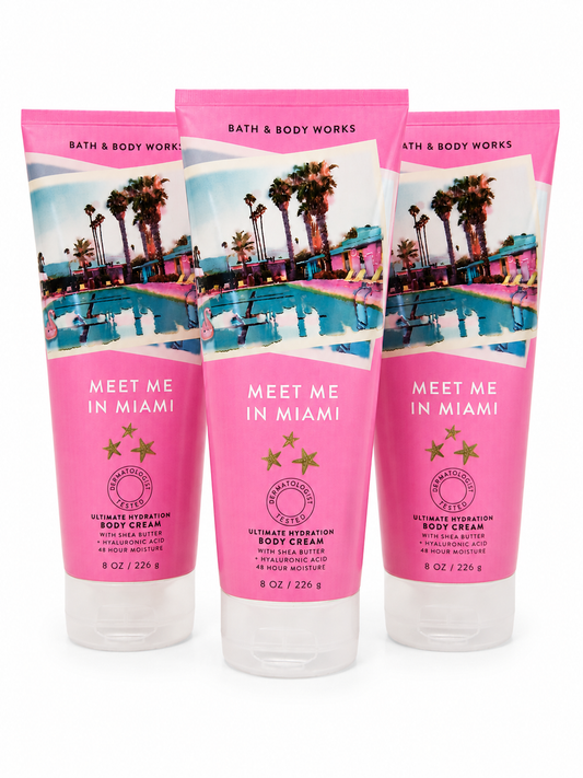 Bath & Body Works MEET ME IN MIAMI Ultimate Hydration Body Cream 3-Pack bundle 8 oz each with shea butter and hyaluronic acid tropical beach inspired fragrance