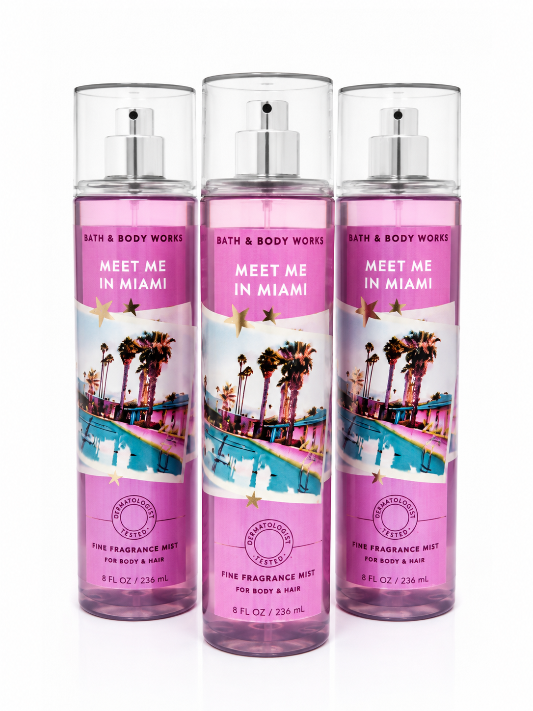 Bath & Body Works MEET ME IN MIAMI Fine Fragrance Mist 3-Pack bundle 8 oz each tropical beach inspired fragrance for body and hair authentic collection