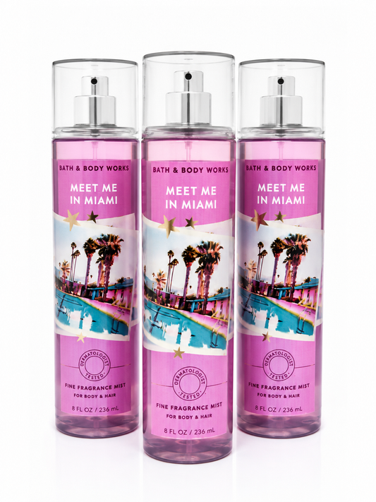 Bath & Body Works MEET ME IN MIAMI Fine Fragrance Mist 3-Pack bundle 8 oz each tropical beach inspired fragrance for body and hair authentic collection