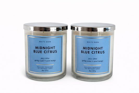 MIDNIGHT BLUE CITRUS Bath & Body Works Candle Set fresh citrus scent clean spring water mango fragrance relaxing home aroma white background My Wrinkles Gone