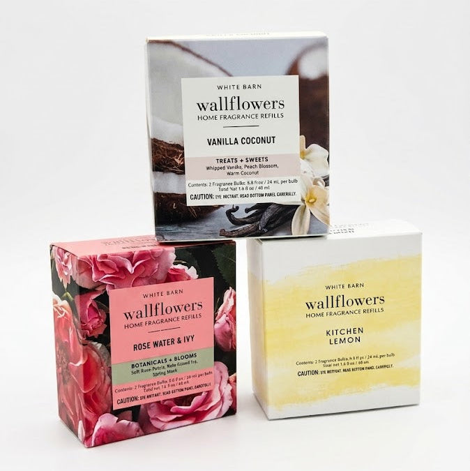 Bath & Body Works Wallflowers mixed fragrance bundle with VANILLA COCONUT ROSE WATER AND IVY and KITCHEN LEMON refills by White Barn