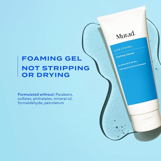 Murad Acne Control Foaming Gel tube on a blue background with text about product features.