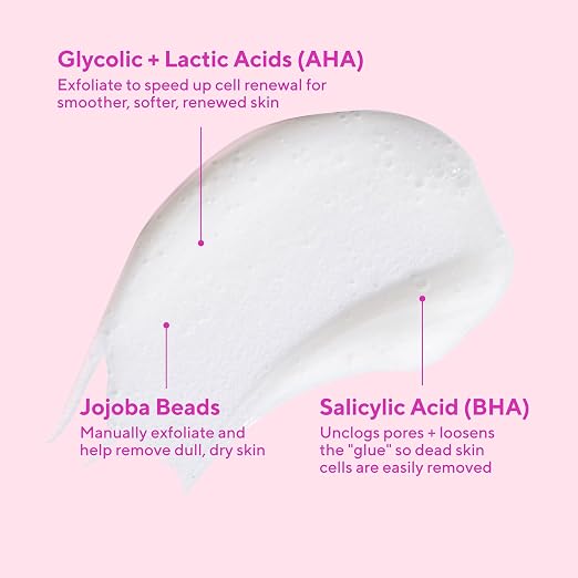 Key ingredients in MURAD AHA/BHA Exfoliating Cleanser including Salicylic Acid, Glycolic Acid, and Lactic Acid for smoother skin