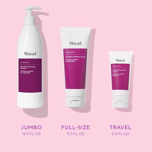 Three sizes of MURAD Exfoliating Cleanser on a pink background