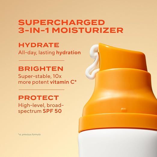 MURAD Superactive Brightening Moisturizer SPF 50 with Vitamin C orange bottle on beige background