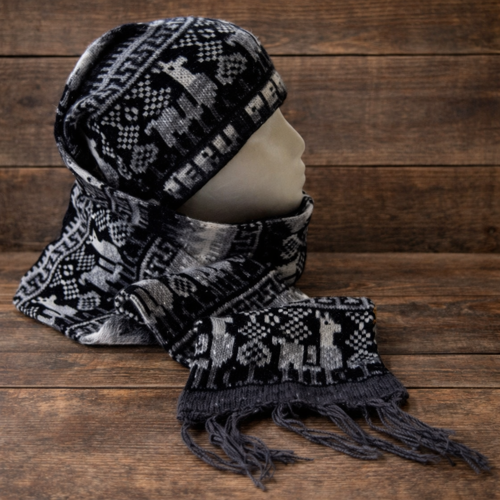 Peruvian Alpaca Wool Hood Scarf Andean Llama Pattern Gray Multifunction Winter Wrap | My Wrinkles Gone