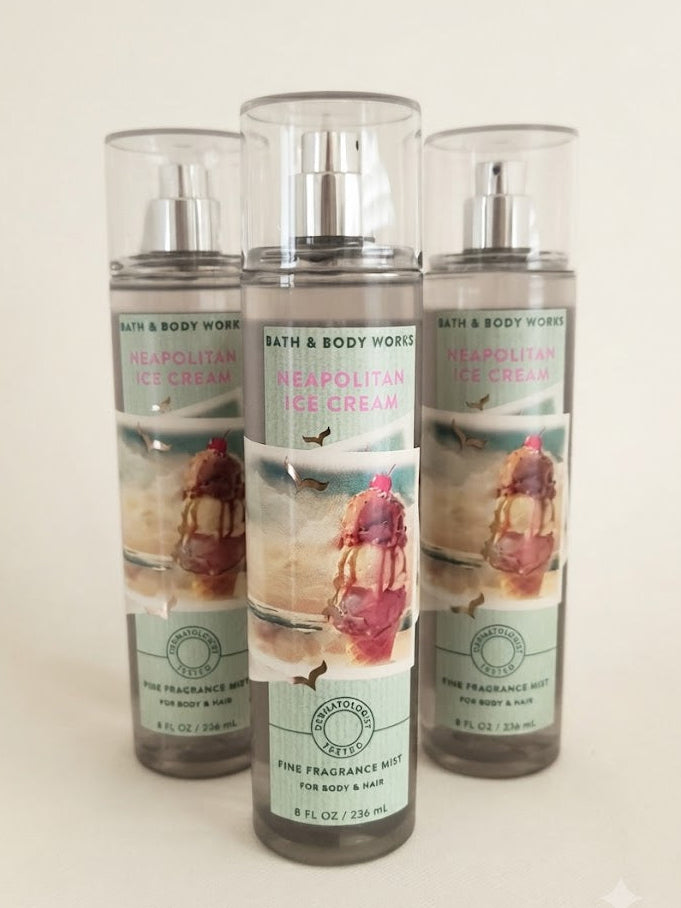 NEAPOLITAN ICE CREAM Bath & Body Works Fine Fragrance Mist 3-Pack, 8 oz each, sweet body and hair spray bottles