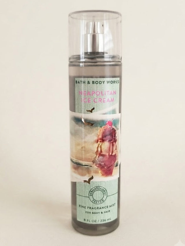 NEAPOLITAN ICE CREAM Bath & Body Works Fine Fragrance Mist, 8 oz body and hair spray with ice cream label