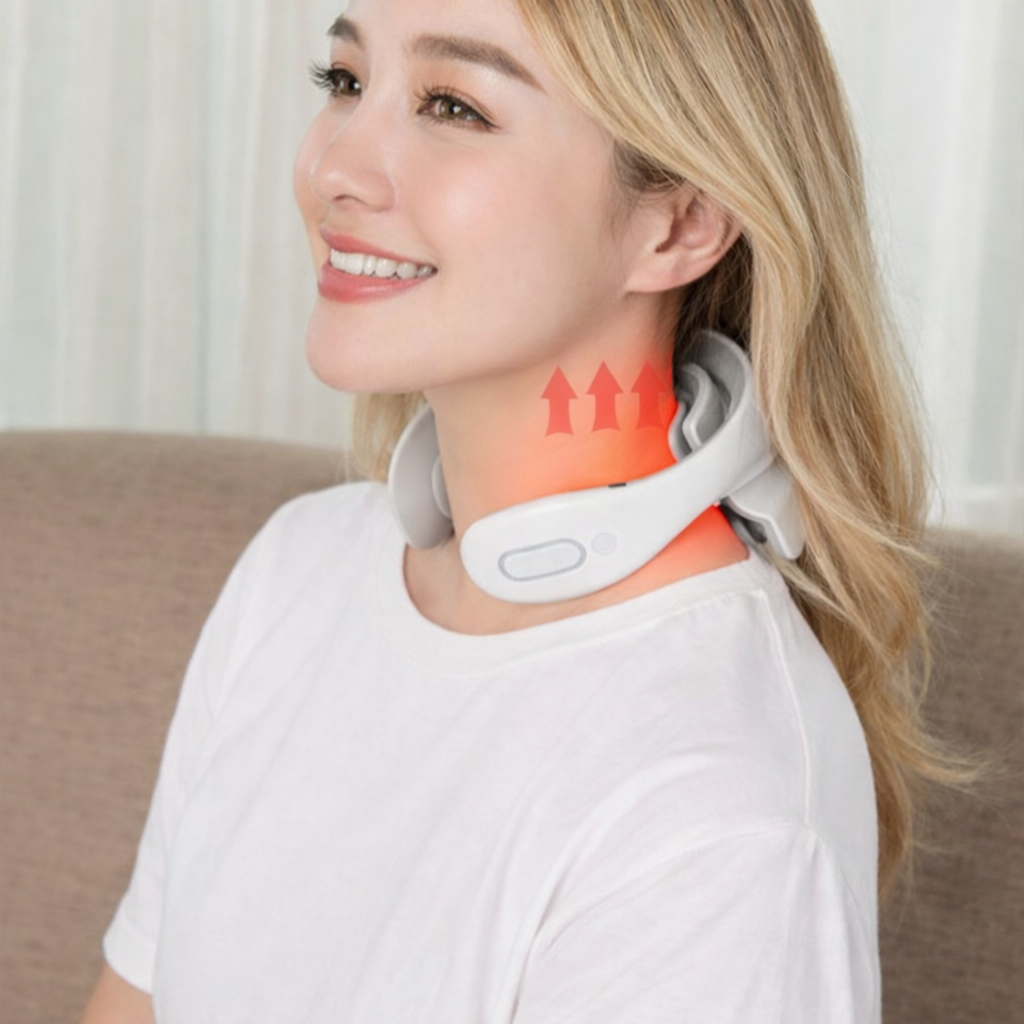 Woman using electric neck massager for tension relief, cervical pain relaxation and stress reduction at home