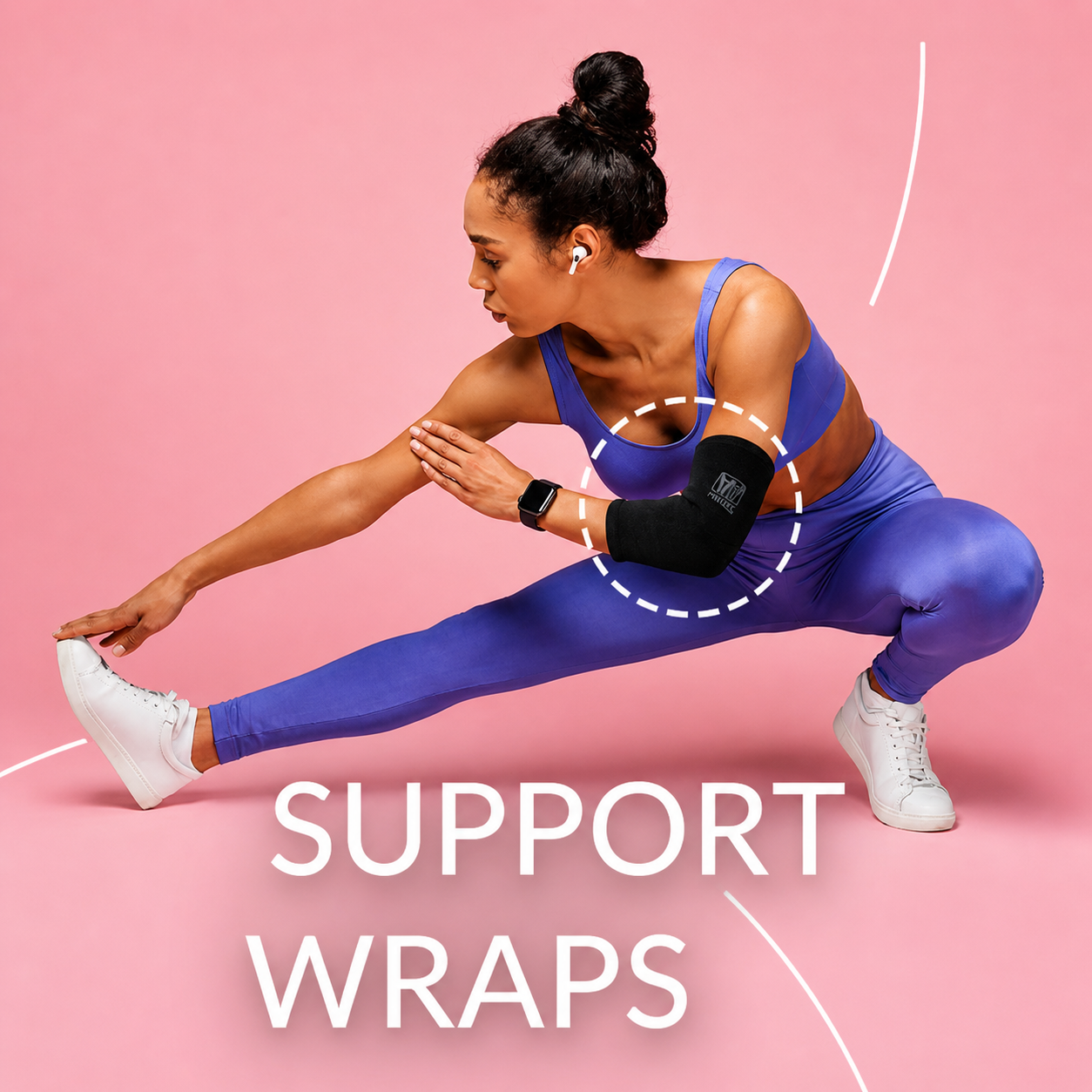 Active woman stretching while wearing NIKKEN KenkoTherm elbow support wrap for workout comfort and mobility