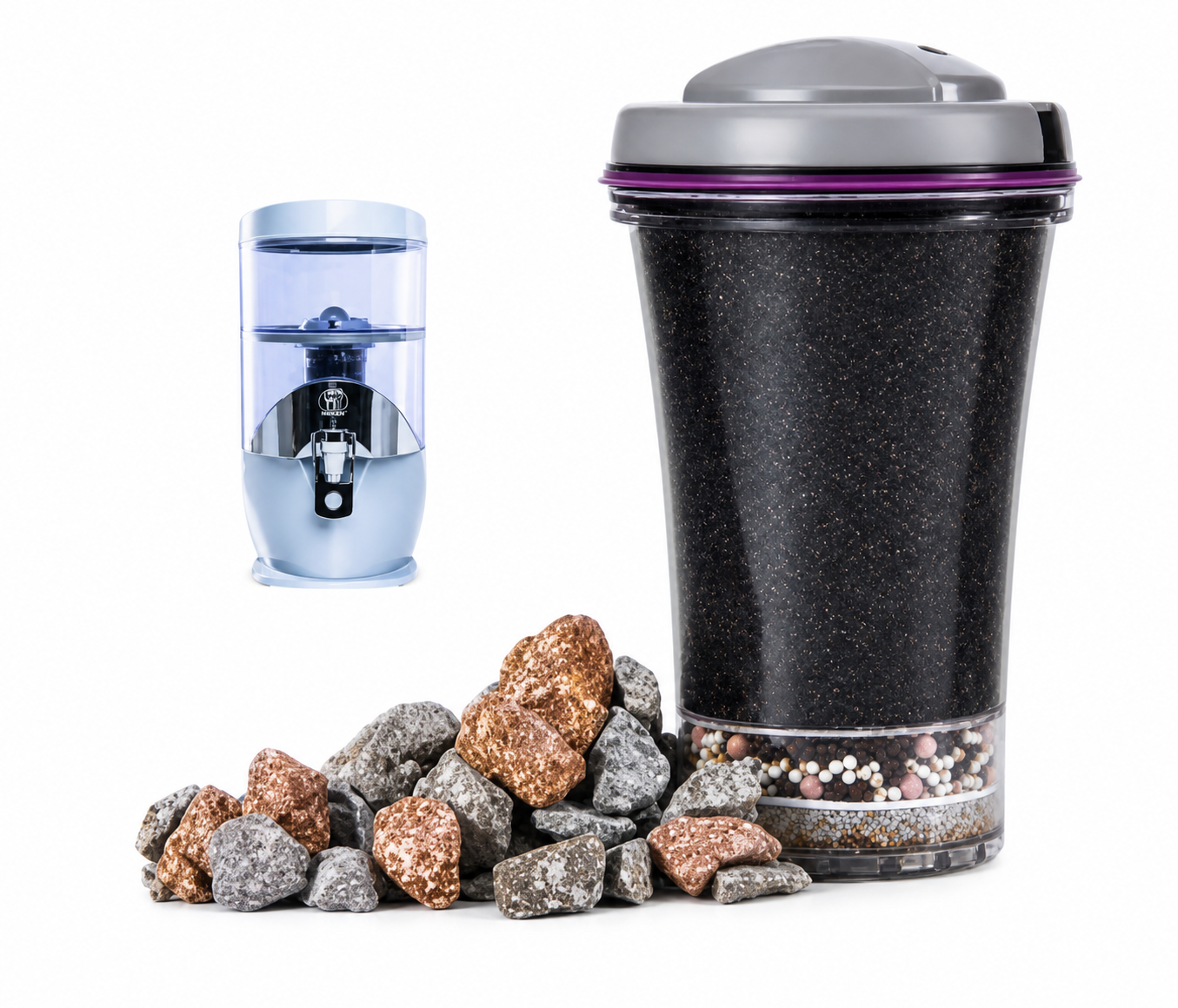 Nikken PiMag Waterfall hydration bundle with filter cartridge and mineral stones featuring copper particle technology for cleaner mineral-rich water