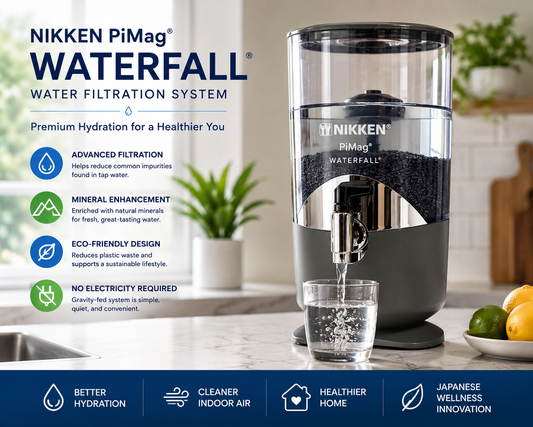 NIKKEN PiMag Waterfall Water Filtration System showcasing cleaner water, mineral-rich hydration, gravity-fed operation, eco-friendly design, and Japanese wellness innovation for healthier everyday hydration.
