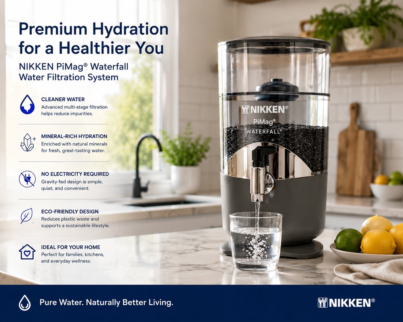 NIKKEN PiMag Waterfall Water Filtration System in a modern kitchen providing cleaner water, mineral-rich hydration, and premium gravity-fed filtration for everyday home wellness.