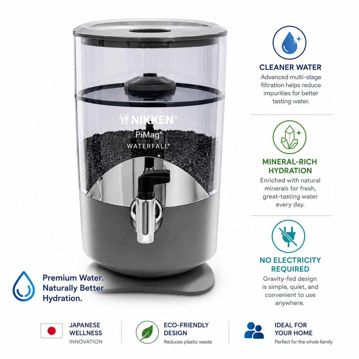 NIKKEN PiMag Waterfall Water Filtration System premium countertop water purifier with gravity-fed filtration, mineral-rich hydration, and elegant Japanese-inspired design for healthier daily drinking water.