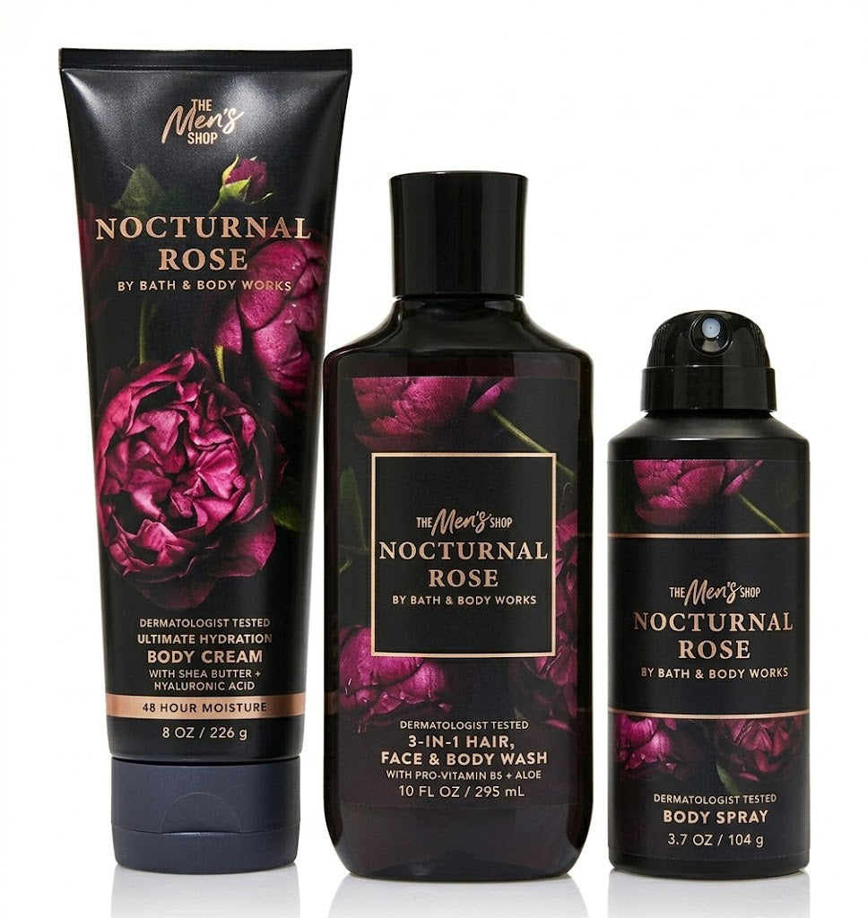 NOCTURNAL ROSE Bath & Body Works Men's 3-Step Set featuring Body Cream 8 oz, 3-in-1 Hair Face & Body Wash 10 oz and Body Spray 3.7 oz with rose fragrance luxury grooming bundle for men