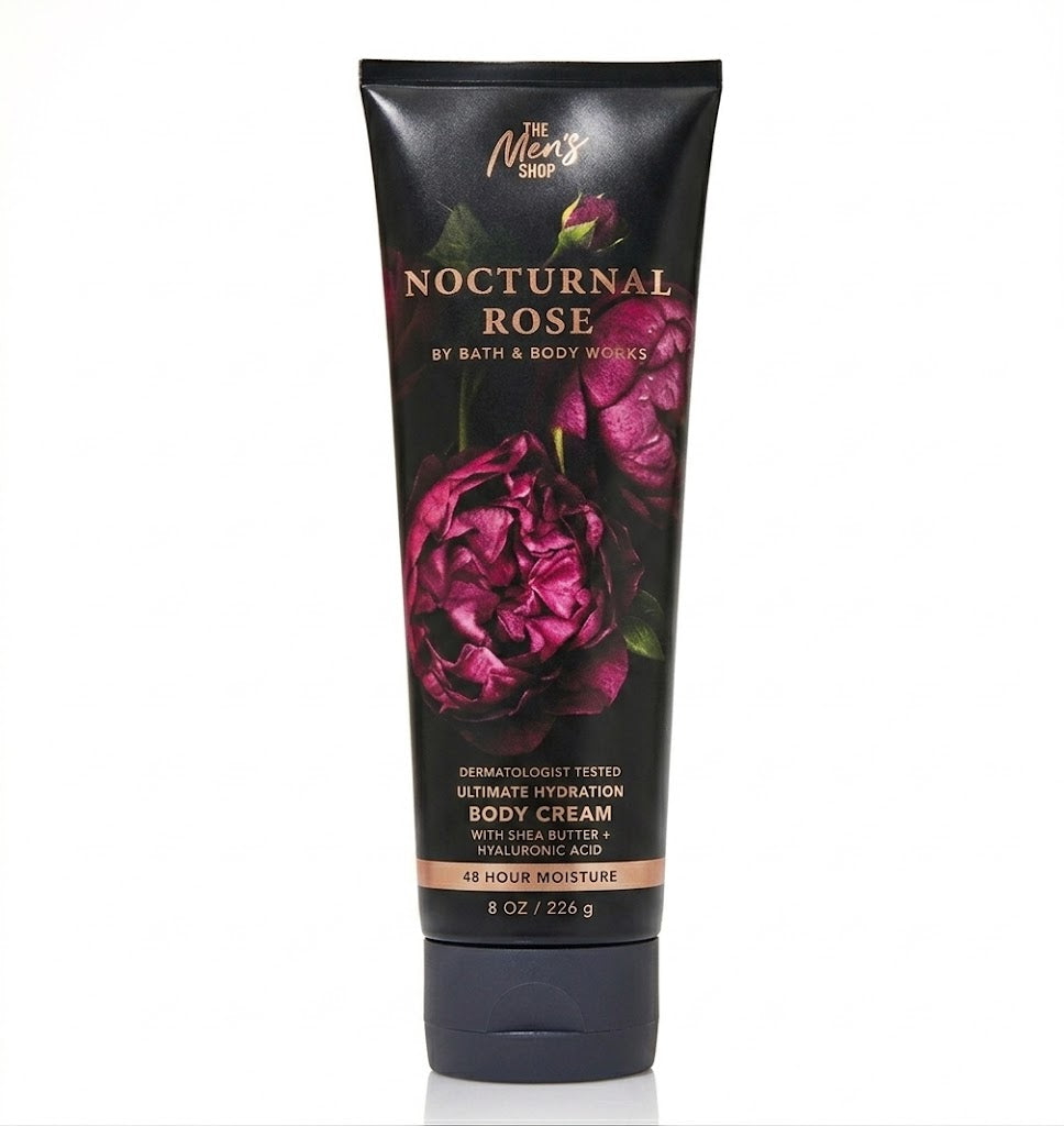 NOCTURNAL ROSE Bath & Body Works Men's Body Cream 8 oz with shea butter and hyaluronic acid ultimate hydration moisturizing cream for men luxury rose scent
