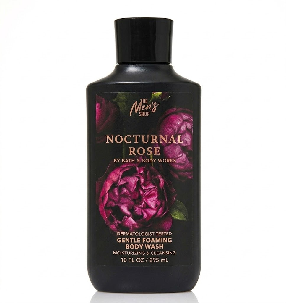NOCTURNAL ROSE Bath & Body Works Men's 3-in-1 Hair Face and Body Wash 10 oz with pro-vitamin B5 and aloe hydrating cleansing gel masculine rose fragrance