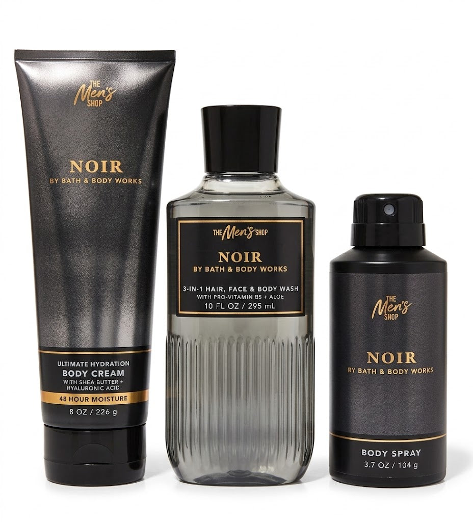 NOIR Bath & Body Works Men’s 3-Step Set with Body Cream 8 oz, 3-in-1 Hair Face Body Wash 10 fl oz and Body Spray 3.7 oz – premium masculine fragrance bundle by My Wrinkles Gone