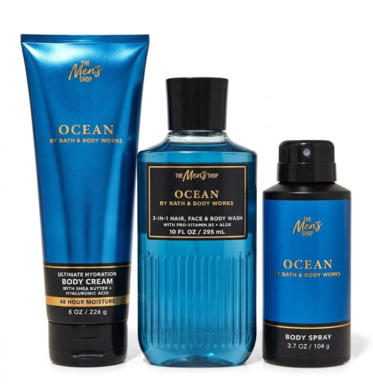 OCEAN Bath & Body Works Men’s 3-Step Set – Body Cream 8 oz, 3-in-1 Body Wash 10 oz and Body Spray 3.7 oz bundle on white background