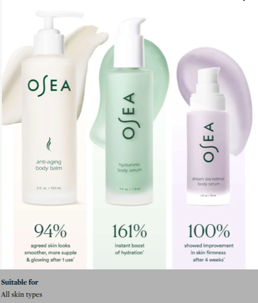 OSEA luxury body care routine with anti-aging body balm, hyaluronic body serum, and dream body serum designed to hydrate, firm, smooth, and visibly improve skin glow and elasticity