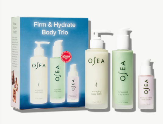OSEA Firm & Hydrate Body Trio luxury clean beauty skincare set featuring anti-aging body balm, hyaluronic body serum, and dream night body serum in premium gift box packaging