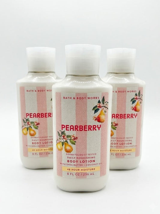 Pearberry Body Lotion 3-pack by Bath and Body Works featuring juicy pear and berry fragrance with shea butter and coconut oil for 48-hour moisture.