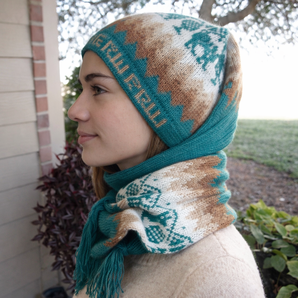 Peruvian Alpaca Wool Hood Scarf Tubular Andean Pattern Teal Cream Winter Wrap | My Wrinkles Gone
