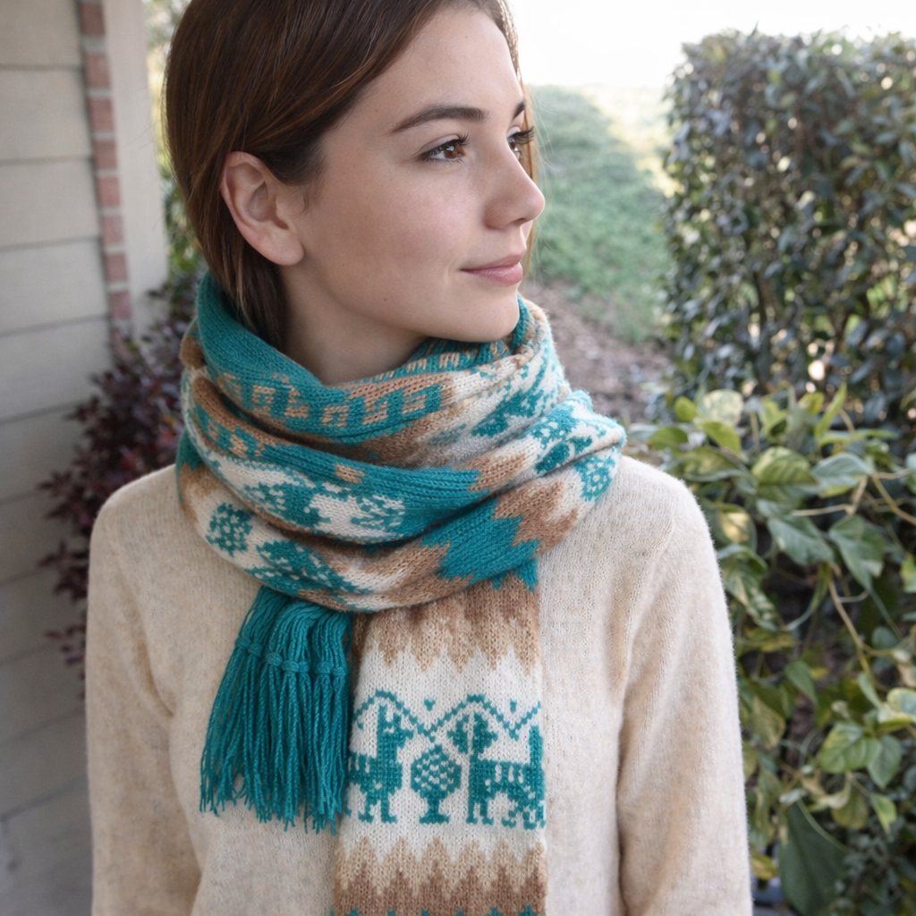 Peruvian Alpaca Wool Hood Scarf Tubular Andean Pattern Teal Cream Winter Wrap | My Wrinkles Gone