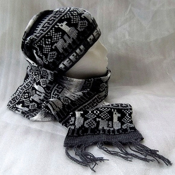 Peruvian Alpaca Wool Hood Scarf Andean Llama Pattern Gray Multifunction Winter Wrap | My Wrinkles Gone