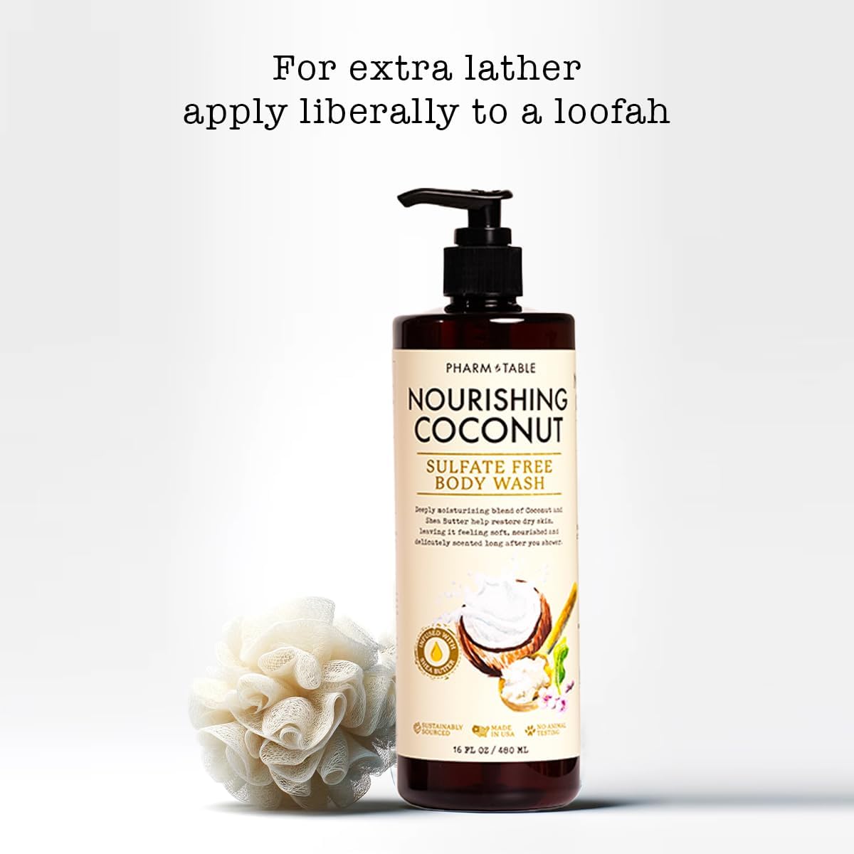 Front view of PHARM TO TABLE Nourishing Coconut sulfate-free body wash bottle