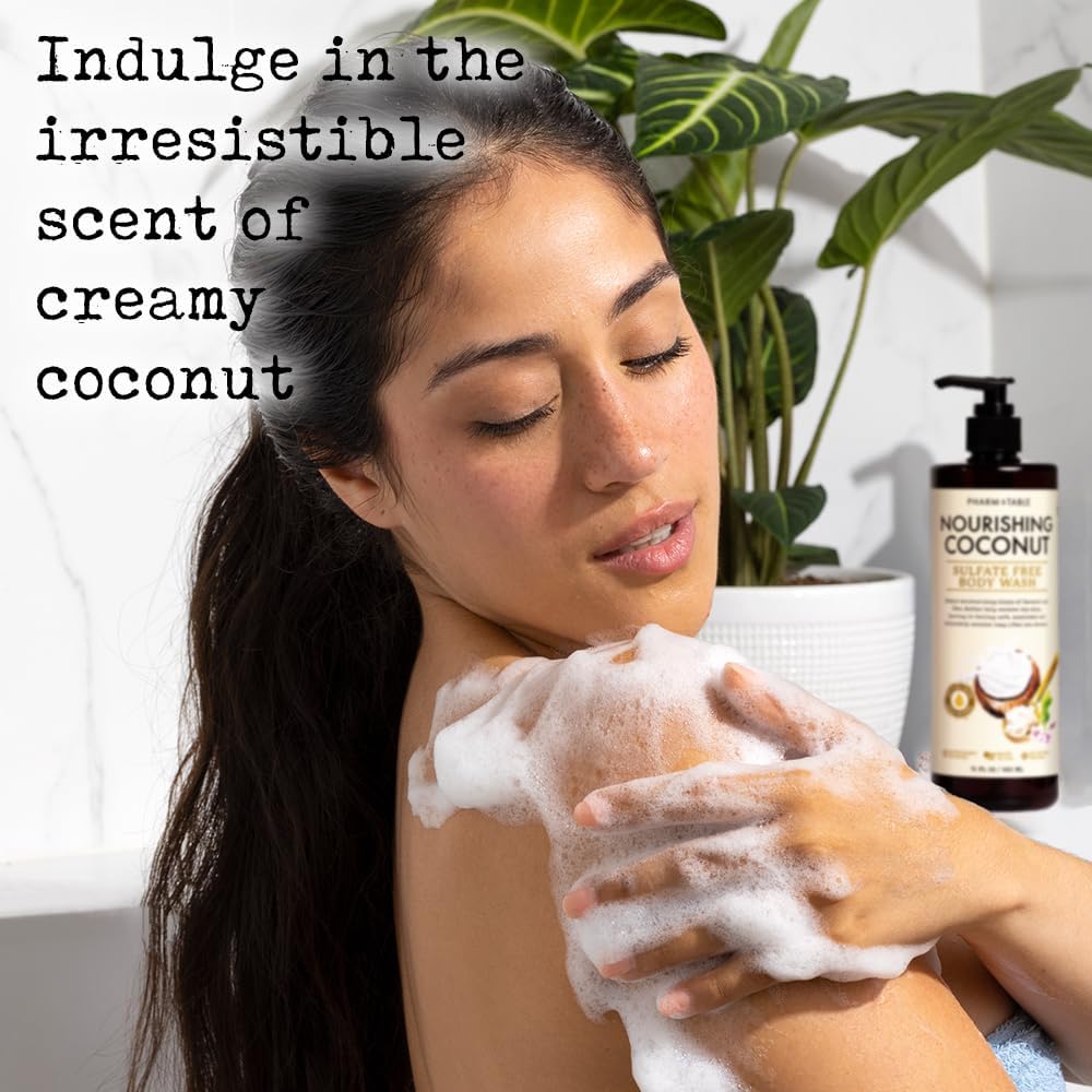 PHARM TO TABLE Coconut Body Wash used as part of a daily shower routine