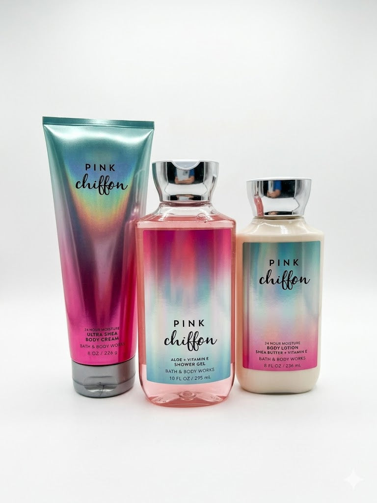 Bath & Body Works PINK CHIFFON body care set with shower gel body lotion and body cream 3 step fragrance layering bundle