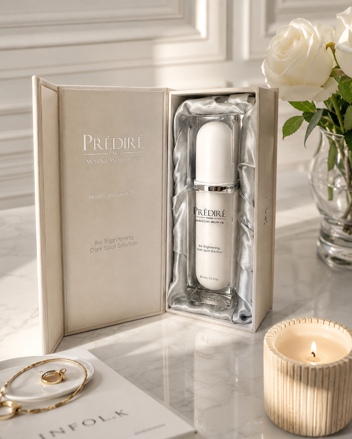 PRÉDIRÉ PARIS Moroccan Argan Oil Dark Spot Solution luxury serum displayed inside premium satin gift box