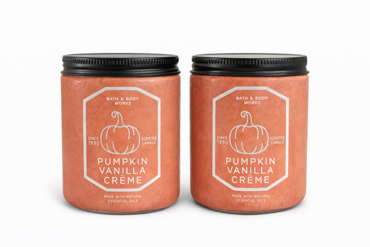 PUMPKIN VANILLA CREME Bath & Body Works Candle Set warm fall pumpkin vanilla scent cozy autumn fragrance orange jars white background My Wrinkles Gone