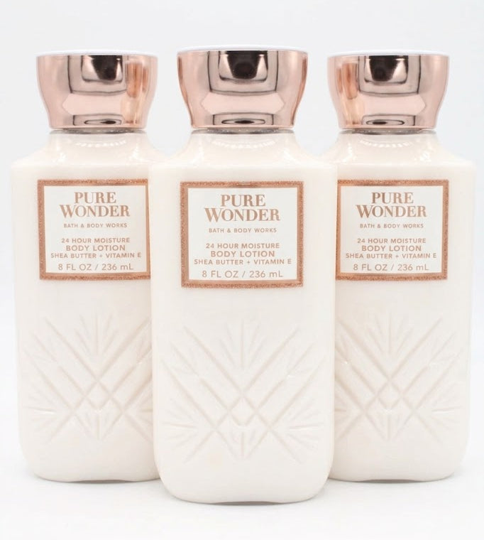Bath & Body Works PURE WONDER body lotion 3 pack 8 fl oz 236 mL moisturizing lotion shea butter vitamin E hydrating skincare bundle MWG