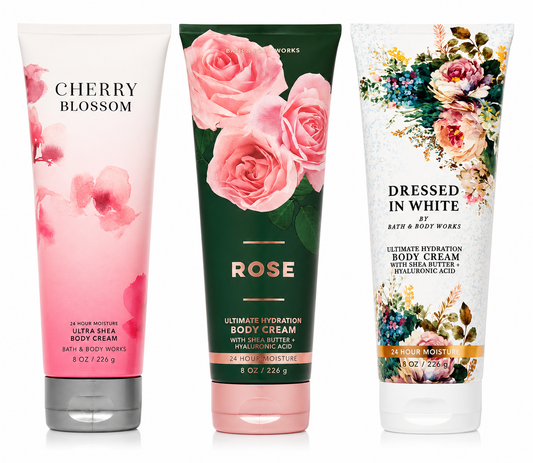 Rare floral Bath & Body Works body cream bundle with CHERRY BLOSSOM ROSE and DRESSED IN WHITE