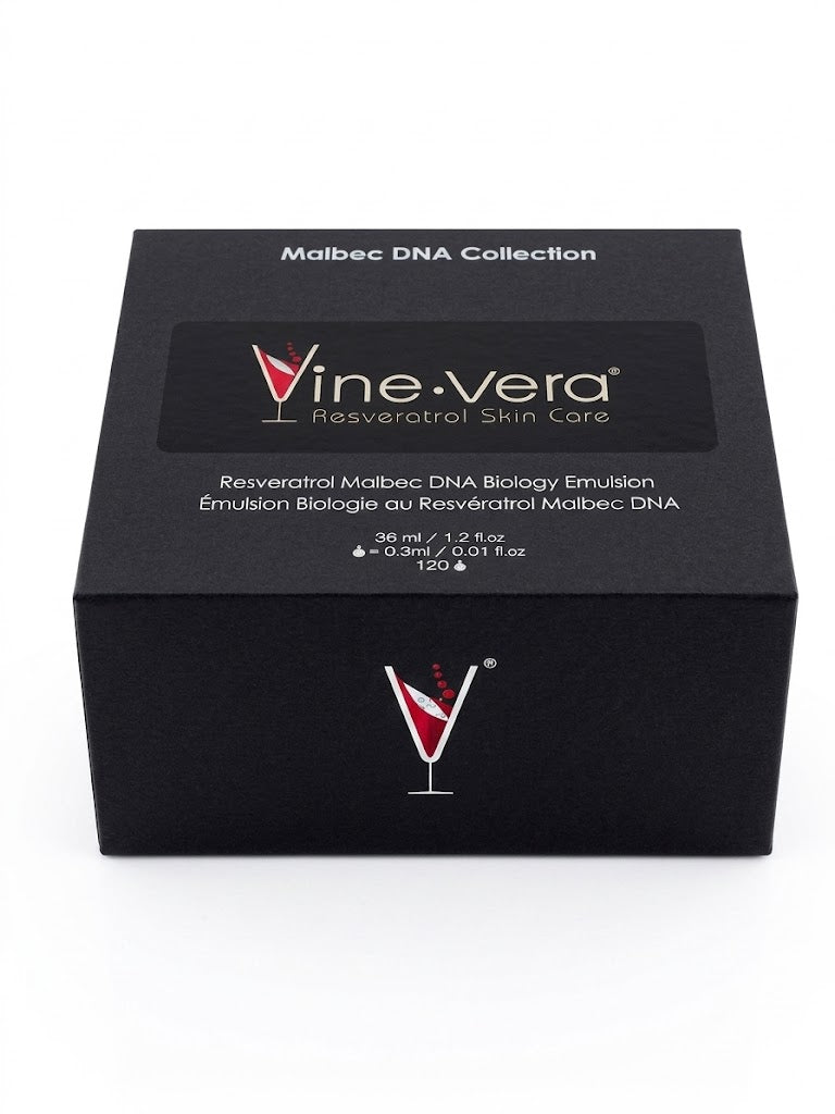 Resveratrol anti aging capsules luxury skincare Malbec DNA formula box front view premium treatment