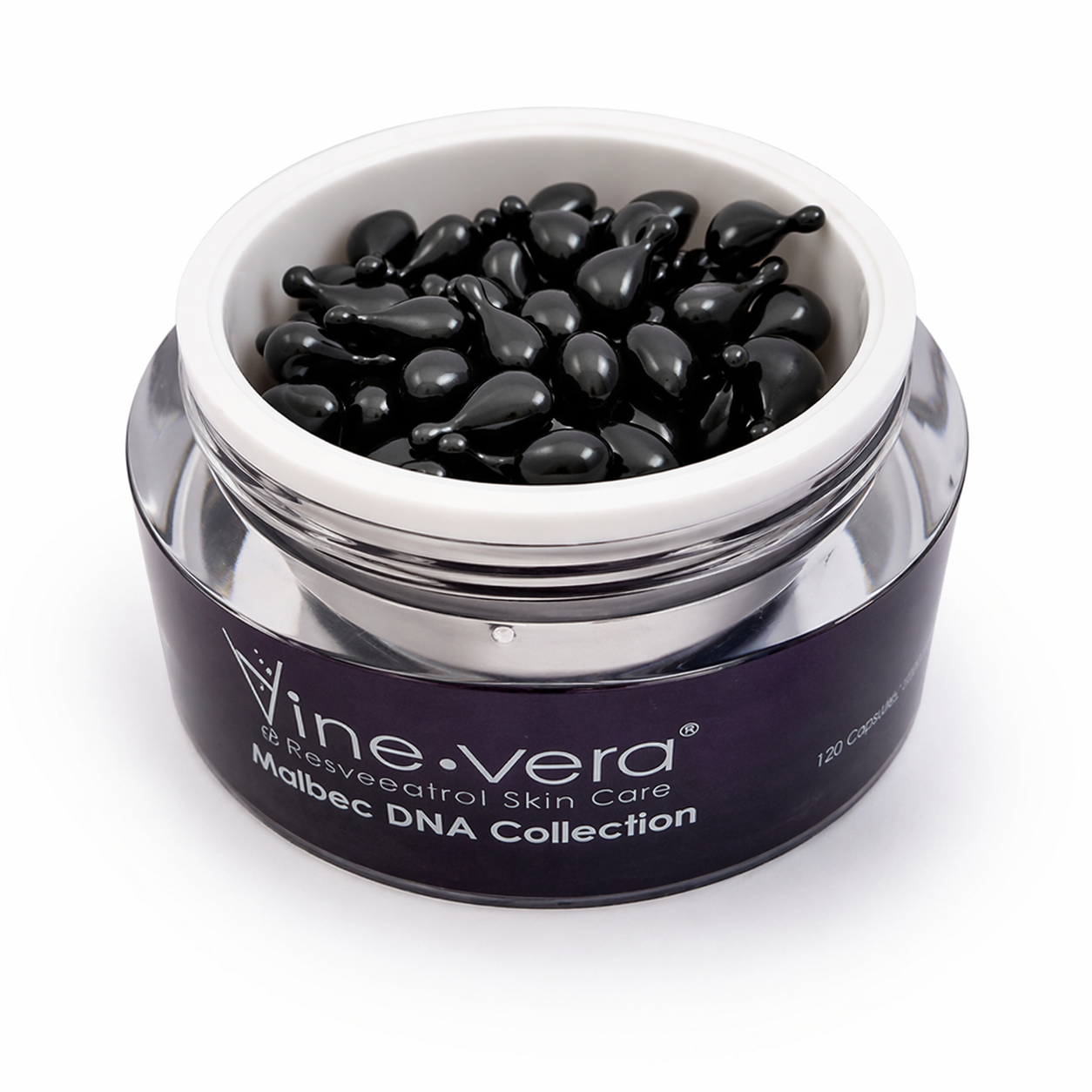 Open jar of resveratrol anti aging capsules luxury skincare visible serum capsules Malbec DNA formula