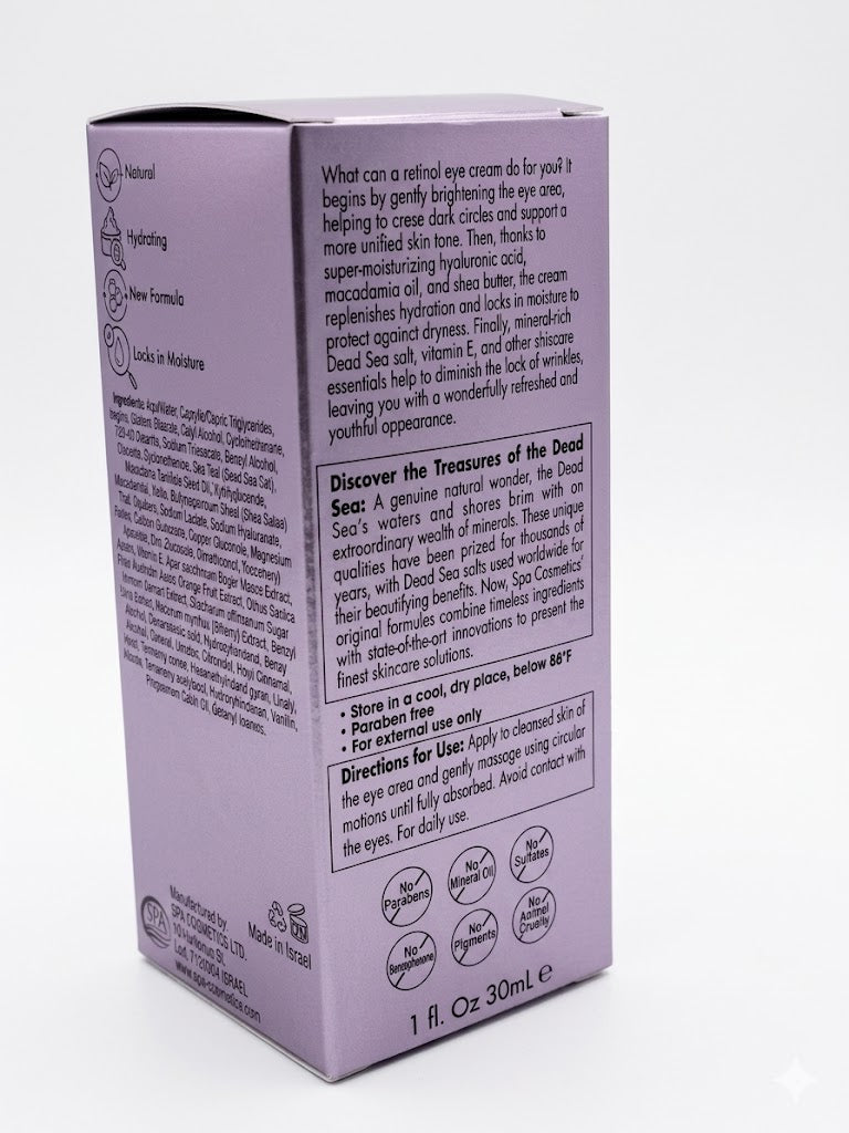 Retinol Anti Aging Eye Cream Back Label 30mL Product Information Directions Ingredients Under Eye Treatment Skincare