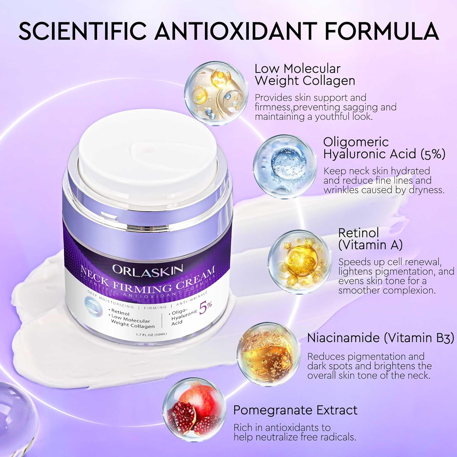 Orlaskin neck firming cream with scientific antioxidant formula on a purple background