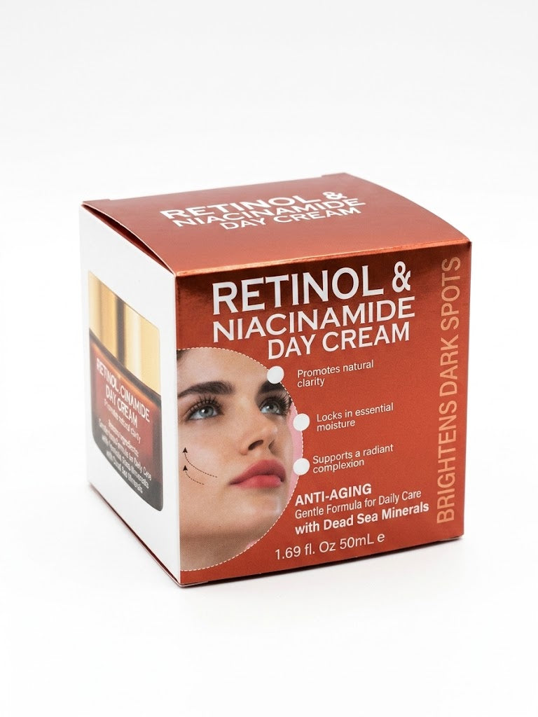Retinol and niacinamide day cream brightens dark spots improves skin tone anti aging daily moisturizer skincare