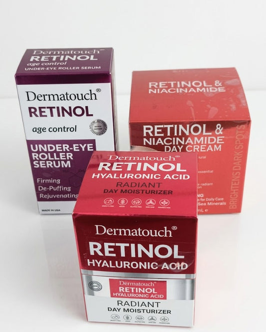 Retinol skincare routine 3 step bundle Dermatouch with under eye roller serum niacinamide day cream and hyaluronic acid moisturizer anti aging set free shipping USA