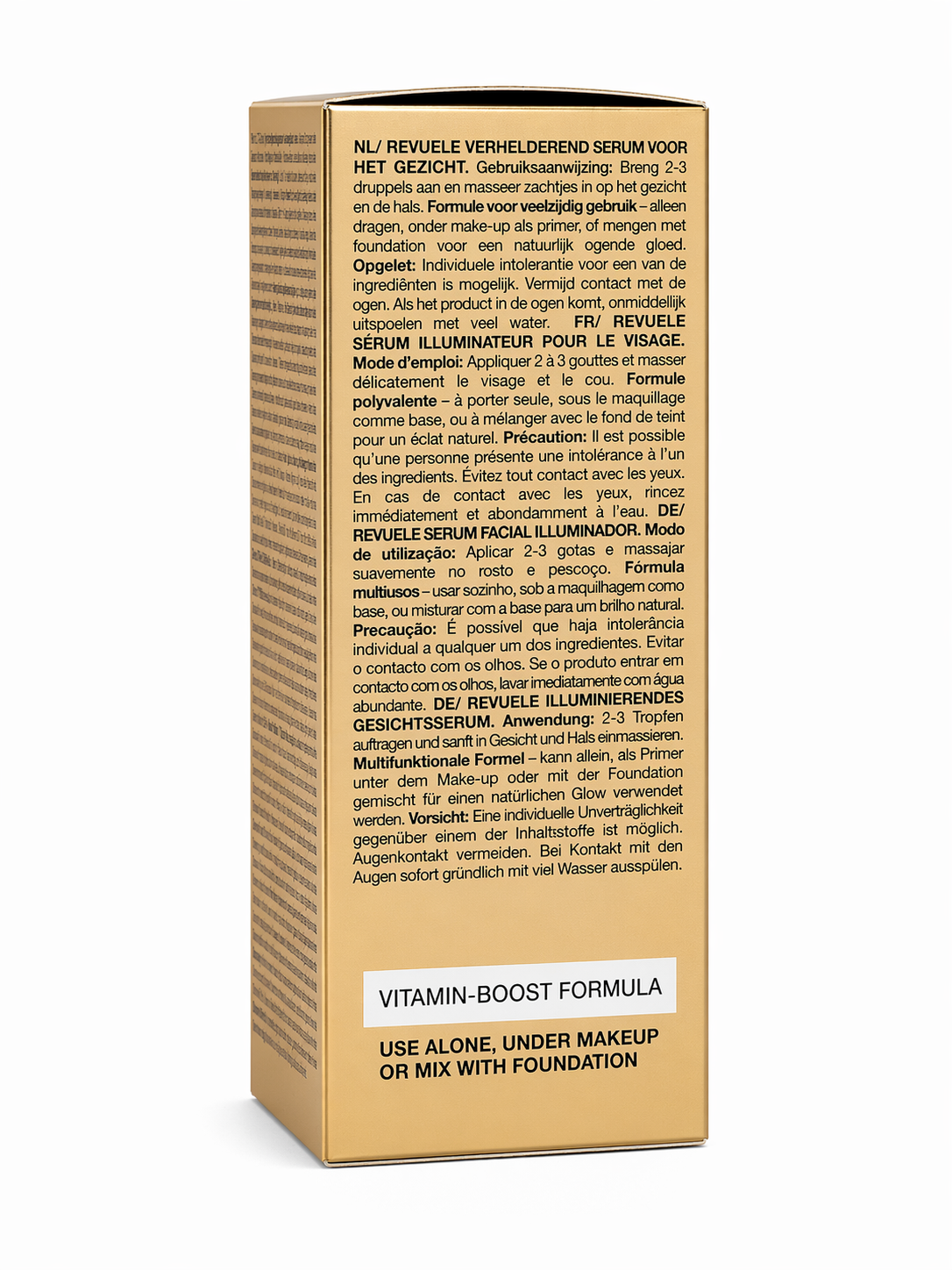 Revuele Illuminating Face Serum directions usage instructions multilingual packaging side panel skincare product details