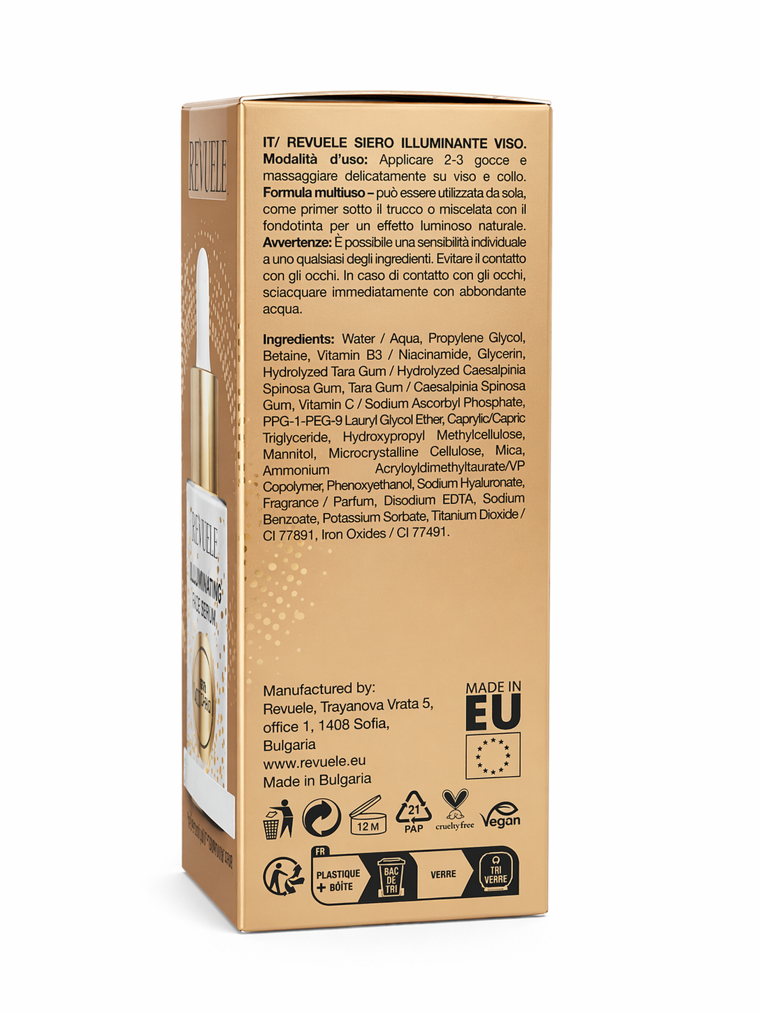 Revuele Illuminating Face Serum ingredients list Vitamin C Ferulic Acid Niacinamide skincare formula side panel detail