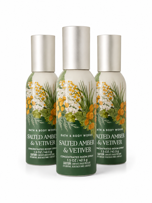 Bath & Body Works SALTED AMBER & VETIVER Concentrated Room Spray 3-Pack bundle 1.5 oz each warm amber and earthy vetiver fragrance authentic home fragrance collection