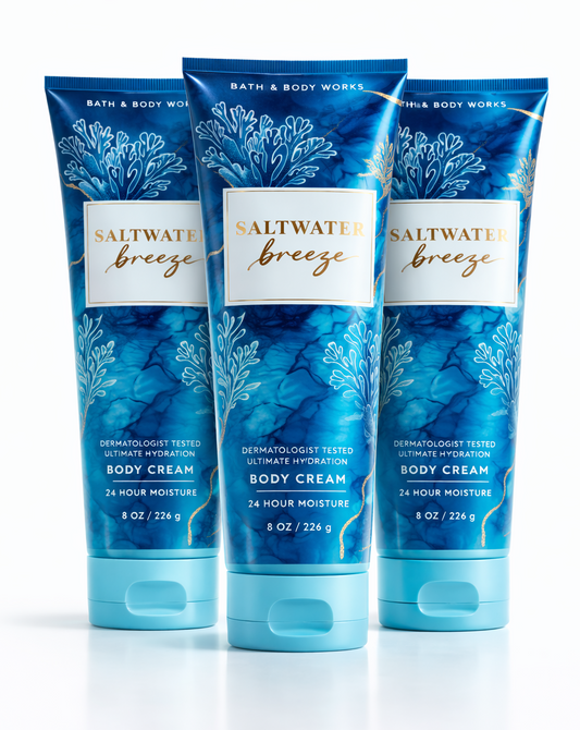 Three tubes of Bath & Body Works Saltwater Breeze body cream on a white background