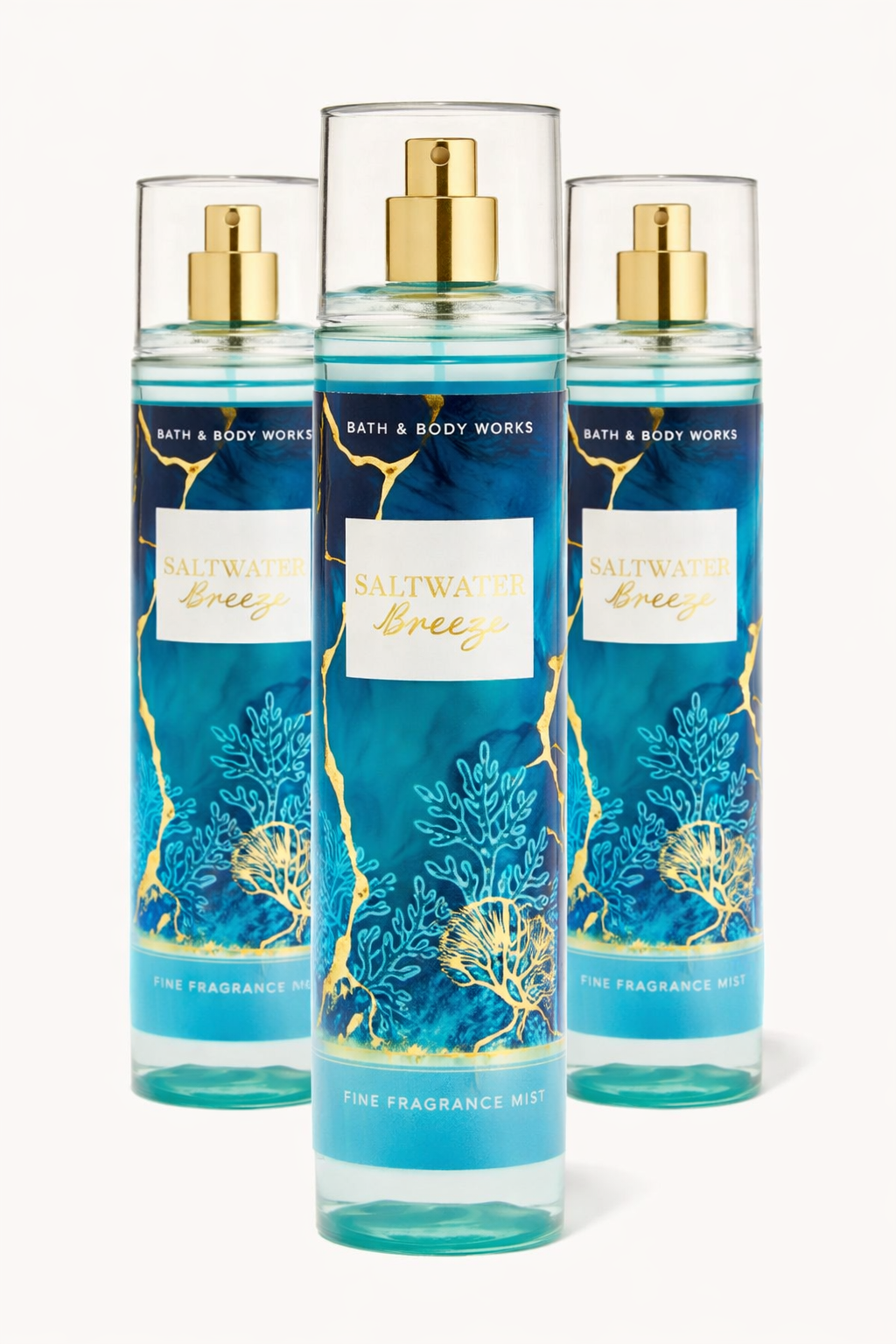 Three bottles of Bath & Body Works 'Saltwater Breeze' fine fragrance mist on a white background